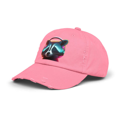 Cool Raccoon Distressed Cap | Trendy Unisex Snapback | Fun Outing Gear | Gift for Animal Lovers, Music Fans, Casual Wear