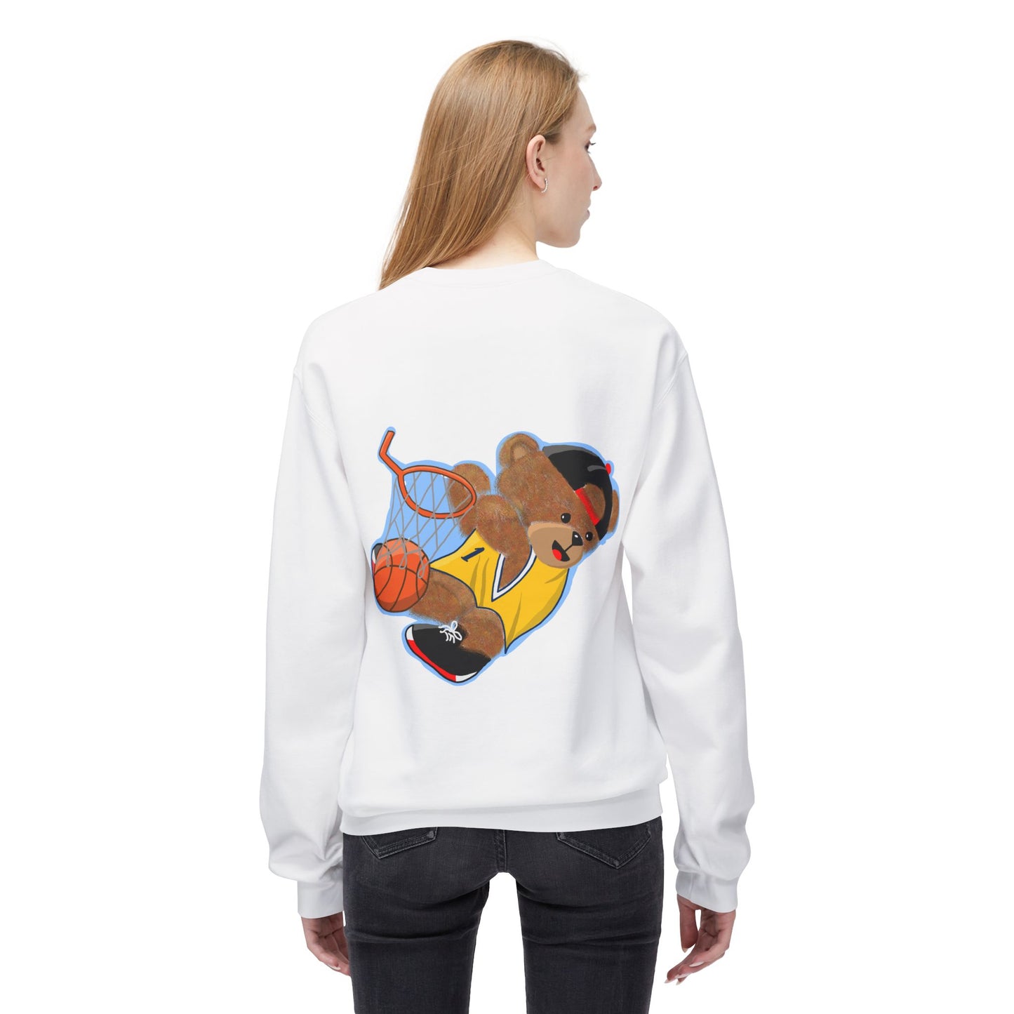 Cute Teddy Bear Basketball Crewneck Sweatshirt, Unisex Retro Fleece Top, Perfect Gift for Sports Lovers, Cozy Layering Piece, Fun Streetwear