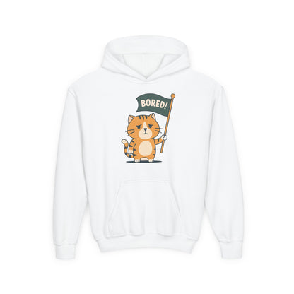Funny Cat Bored Youth Hoodie, Cute Cat Sweatshirt, Kids Gift, Animal Lover Apparel, Fun Hoodie for Children, Everyday Wear
