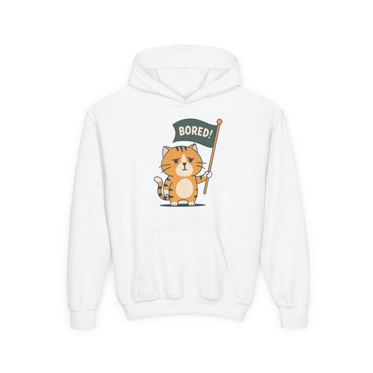 Funny Cat Bored Youth Hoodie, Cute Cat Sweatshirt, Kids Gift, Animal Lover Apparel, Fun Hoodie for Children, Everyday Wear
