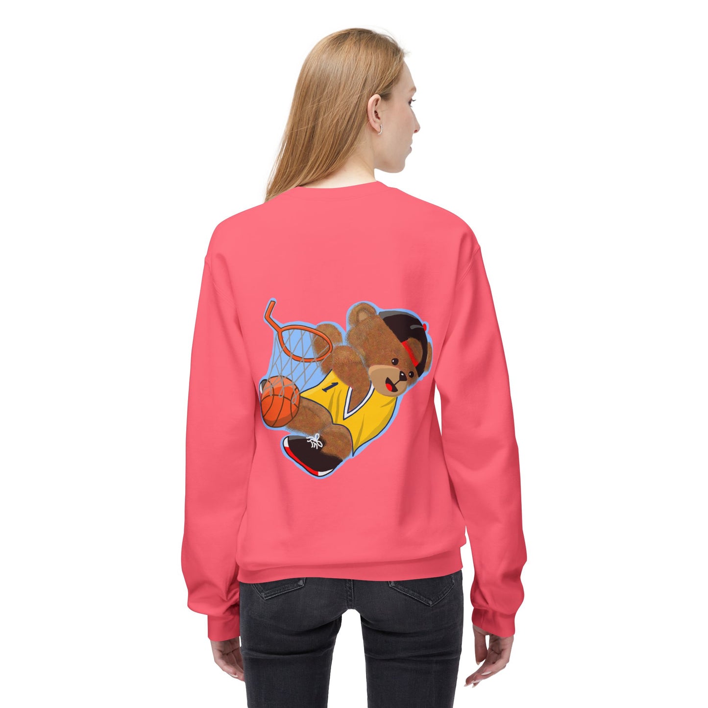 Cute Teddy Bear Basketball Crewneck Sweatshirt, Unisex Retro Fleece Top, Perfect Gift for Sports Lovers, Cozy Layering Piece, Fun Streetwear