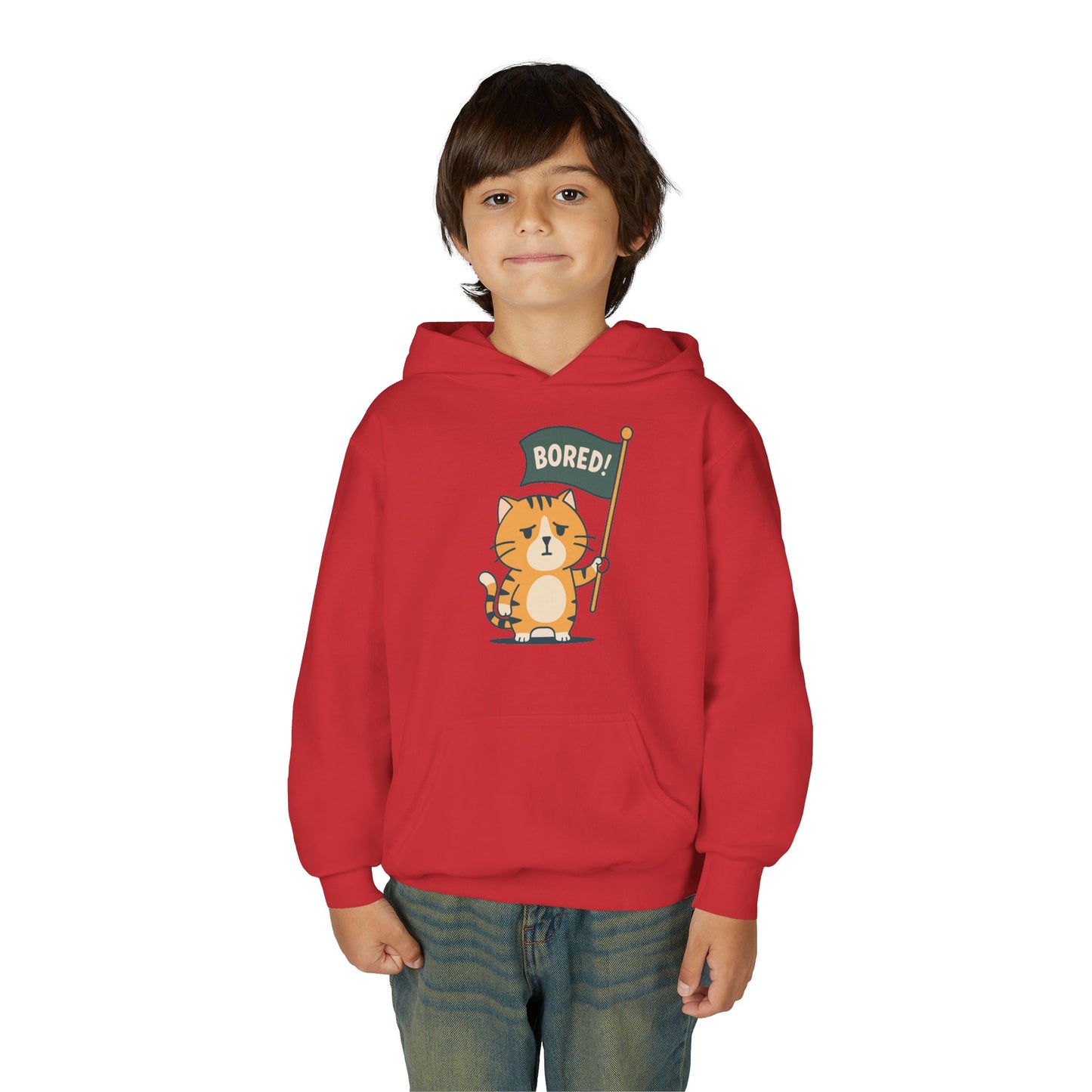 Funny Cat Bored Youth Hoodie, Cute Cat Sweatshirt, Kids Gift, Animal Lover Apparel, Fun Hoodie for Children, Everyday Wear