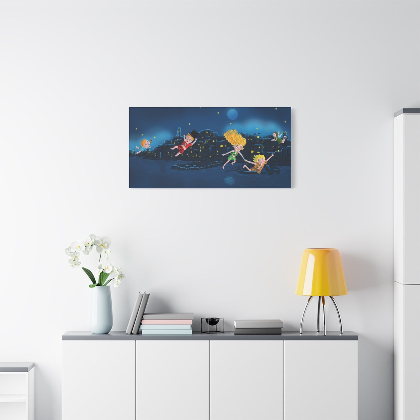 Whimsical Night Sky Canvas Art, Kids' Room Decor, Playful Wall Art, Dreamy Decor for Children, Magical Nighttime Scene