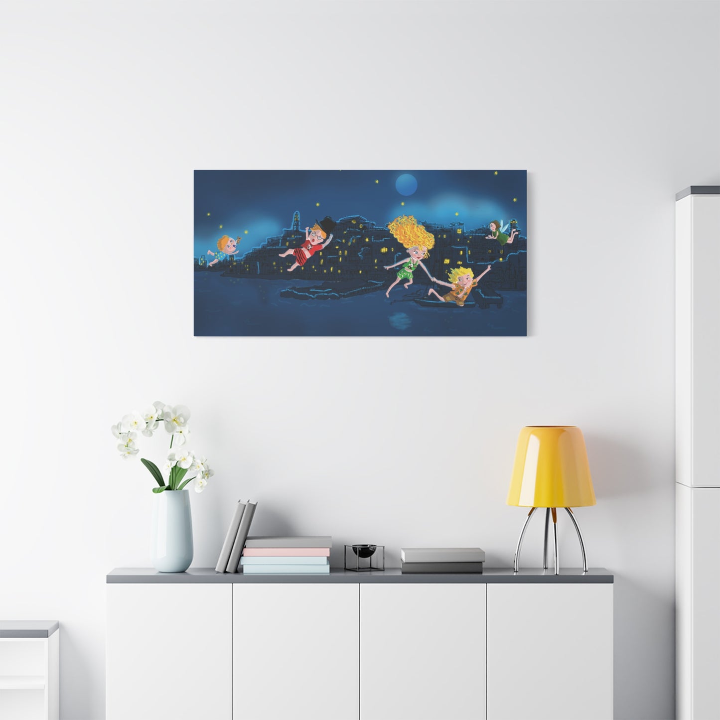 Whimsical Night Sky Canvas Art, Kids' Room Decor, Playful Wall Art, Dreamy Decor for Children, Magical Nighttime Scene