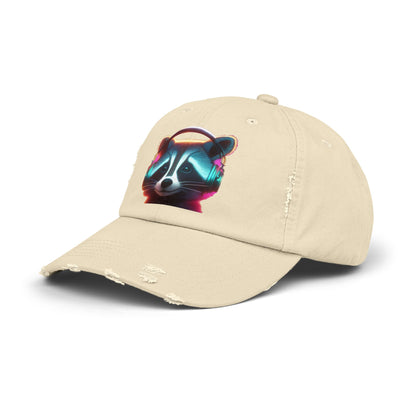 Cool Raccoon Distressed Cap | Trendy Unisex Snapback | Fun Outing Gear | Gift for Animal Lovers, Music Fans, Casual Wear