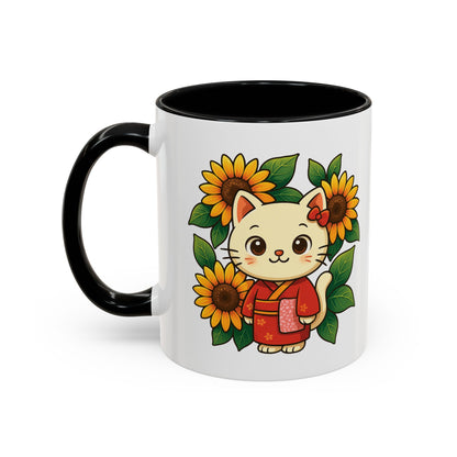 Cute Cat Floral Accent Coffee Mug - Kitty Lover Gift, Tea Cup, Home Decor, Anime Inspired, Coffee Lover Gift
