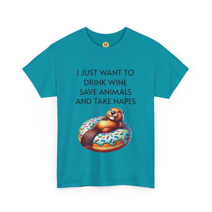 Funny Unisex Heavy Cotton Tee - 'I Just Want to Drink Wine, Save Animals, and Take Naps'