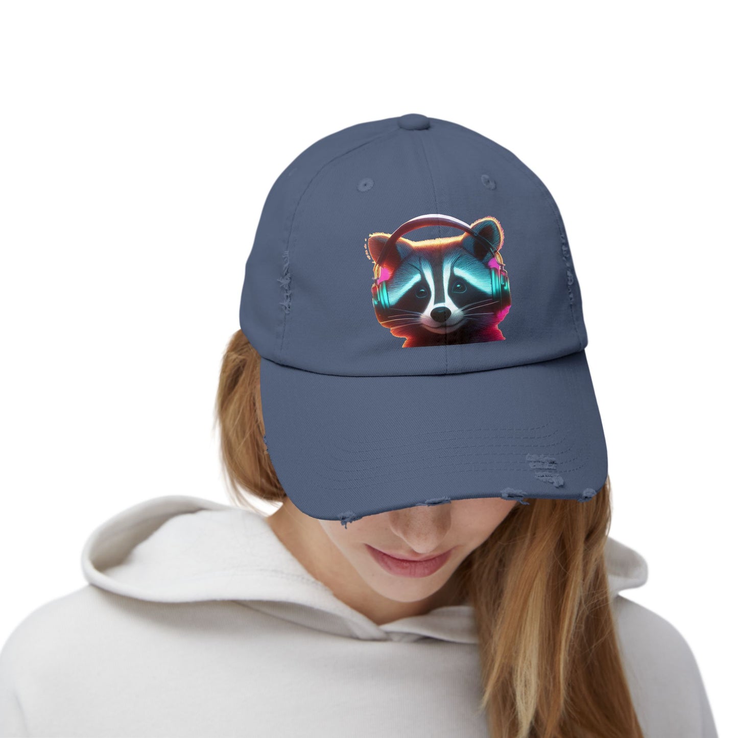 Cool Raccoon Distressed Cap | Trendy Unisex Snapback | Fun Outing Gear | Gift for Animal Lovers, Music Fans, Casual Wear