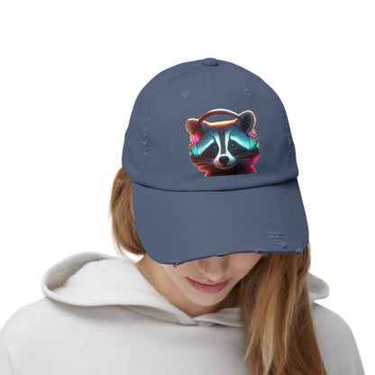 Cool Raccoon Distressed Cap | Trendy Unisex Snapback | Fun Outing Gear | Gift for Animal Lovers, Music Fans, Casual Wear