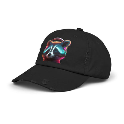 Cool Raccoon Distressed Cap | Trendy Unisex Snapback | Fun Outing Gear | Gift for Animal Lovers, Music Fans, Casual Wear