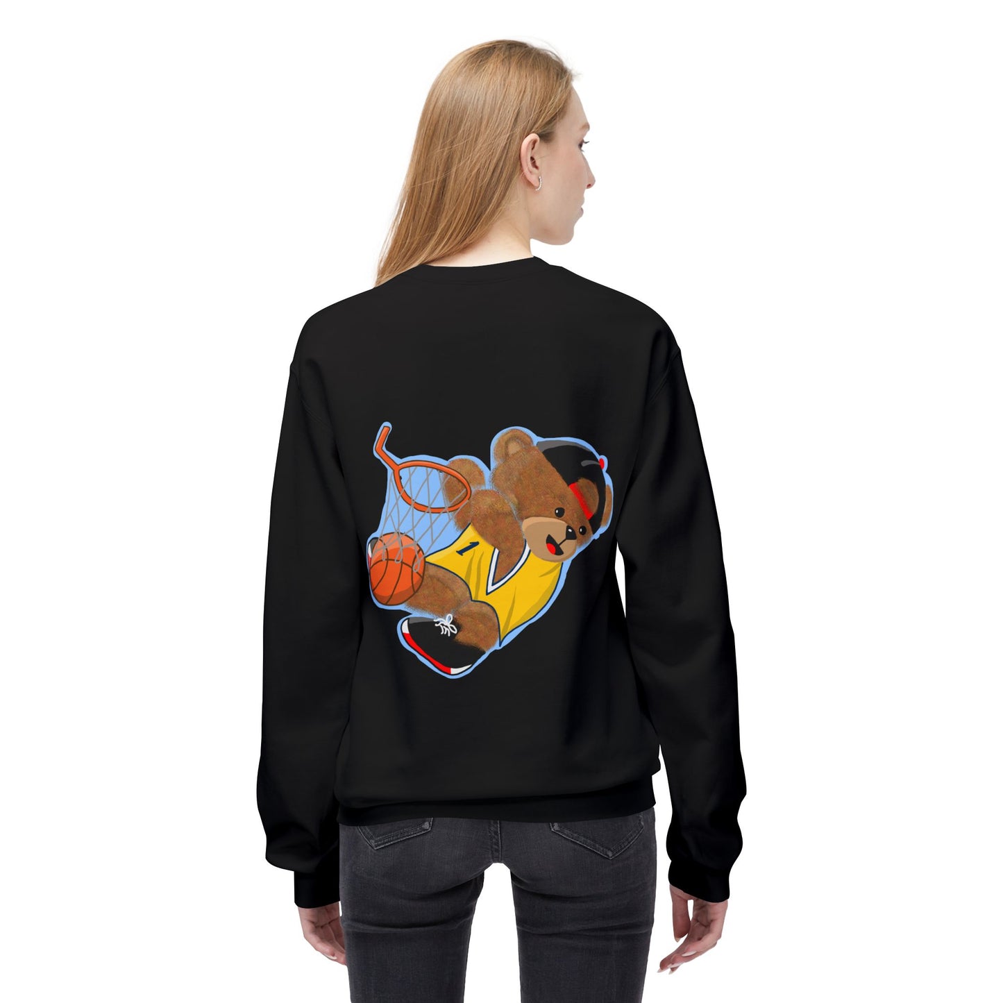 Cute Teddy Bear Basketball Crewneck Sweatshirt, Unisex Retro Fleece Top, Perfect Gift for Sports Lovers, Cozy Layering Piece, Fun Streetwear