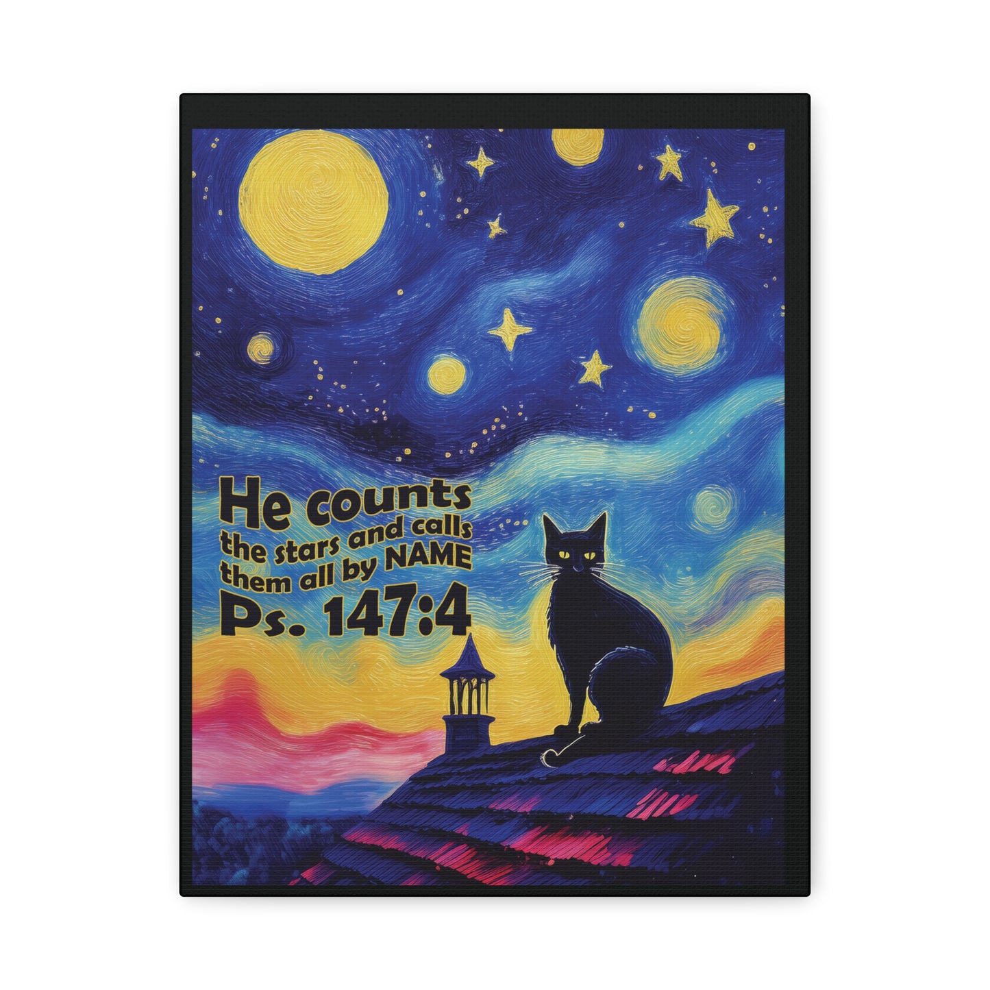 Starry Night Cat Canvas Print, Inspirational Wall Art, Cozy Home Decor, Cat Lover Gift, Psalms 147:4