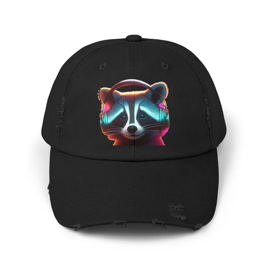 Cool Raccoon Distressed Cap | Trendy Unisex Snapback | Fun Outing Gear | Gift for Animal Lovers, Music Fans, Casual Wear