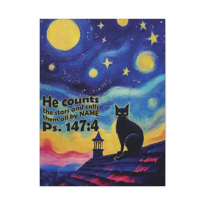 Starry Night Cat Canvas Print, Inspirational Wall Art, Cozy Home Decor, Cat Lover Gift, Psalms 147:4