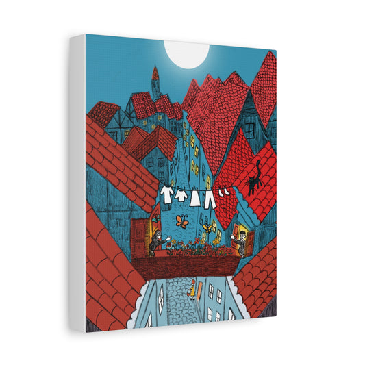 Stretched Canvas Art - Whimsical Rooftop Scene, Colorful Home Decor, Great for Gift Giving, Wall Art, Living Room Decor
