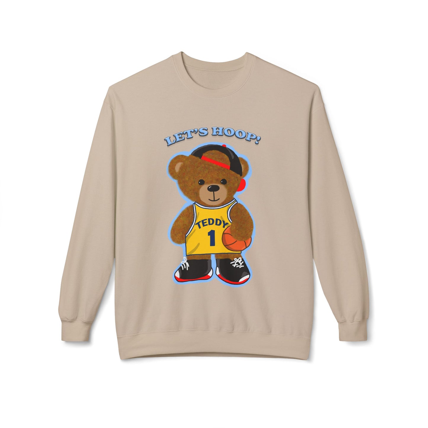 Cute Teddy Bear Basketball Crewneck Sweatshirt, Unisex Retro Fleece Top, Perfect Gift for Sports Lovers, Cozy Layering Piece, Fun Streetwear
