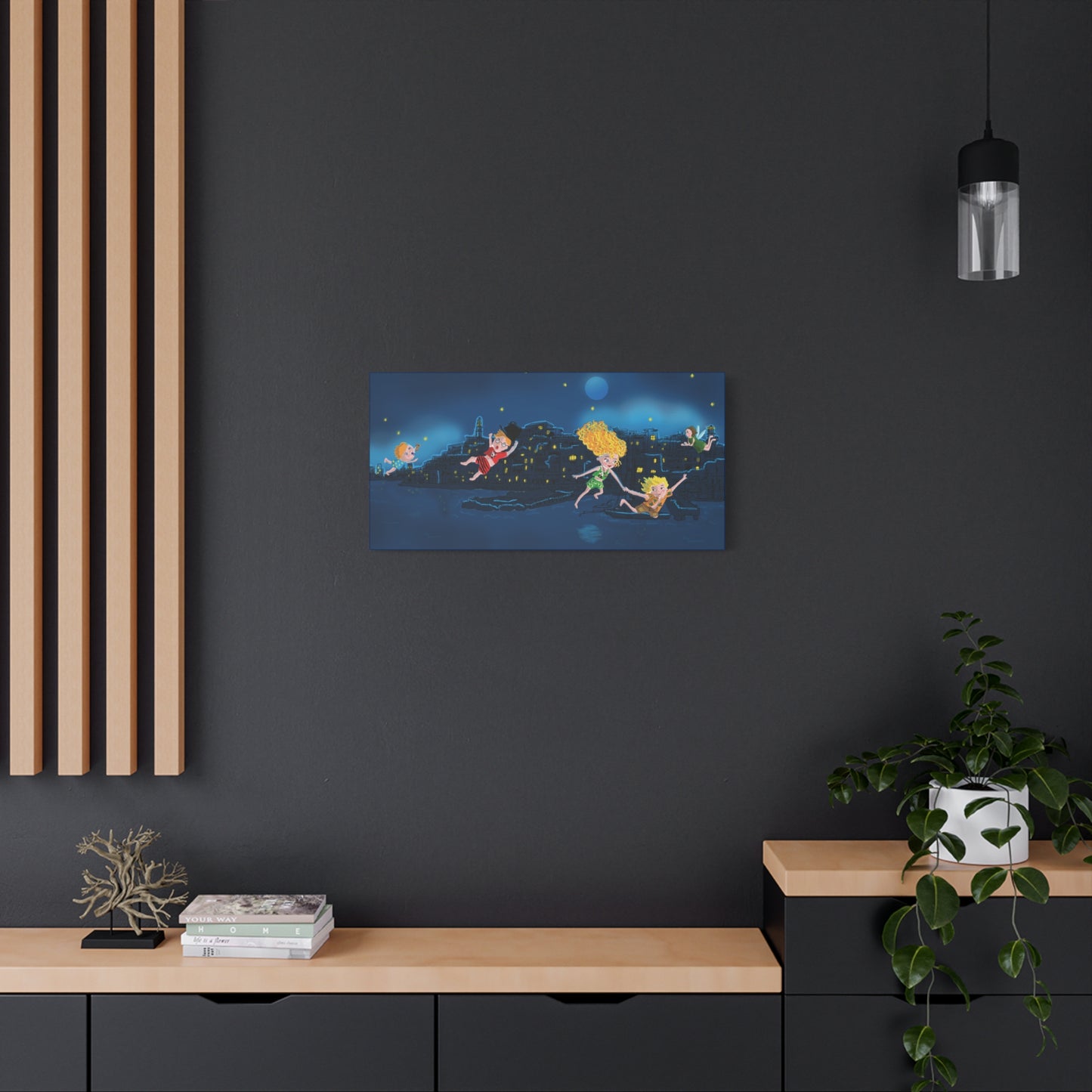 Whimsical Night Sky Canvas Art, Kids' Room Decor, Playful Wall Art, Dreamy Decor for Children, Magical Nighttime Scene