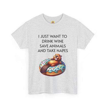 Funny Unisex Heavy Cotton Tee - 'I Just Want to Drink Wine, Save Animals, and Take Naps'