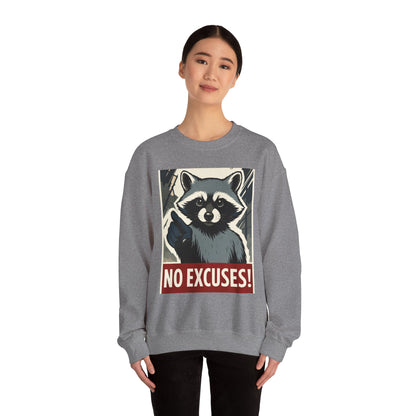 No Excuses! Raccoon Crewneck Sweatshirt, Cozy Sweatshirt for Animal Lovers, Gift for Motivation, Funny Sweatshirt, Unisex Fashion