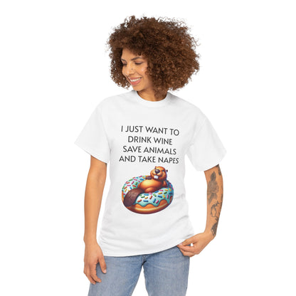 Funny Unisex Heavy Cotton Tee - 'I Just Want to Drink Wine, Save Animals, and Take Naps'