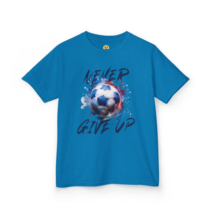 Soccer Motivation Tee - Never Give Up, Kids Heavy Cotton T-Shirt, Sports Shirt, Gift for Young Athletes, Birthday Present, Team Apparel