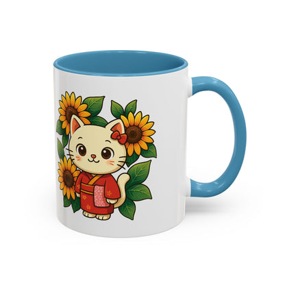 Cute Cat Floral Accent Coffee Mug - Kitty Lover Gift, Tea Cup, Home Decor, Anime Inspired, Coffee Lover Gift
