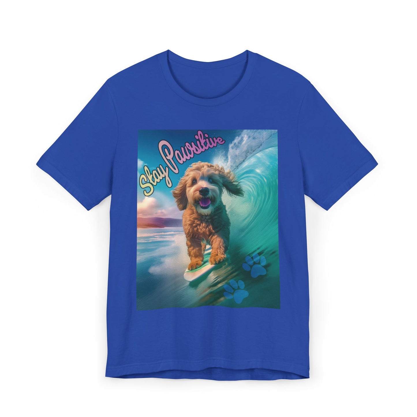 Surfing Dog Unisex Jersey T-Shirt | Stay Pawsitive Tee, Pet Lover Gift, Beach Outfit, Fun Summer Shirt, Dog Mom Apparel
