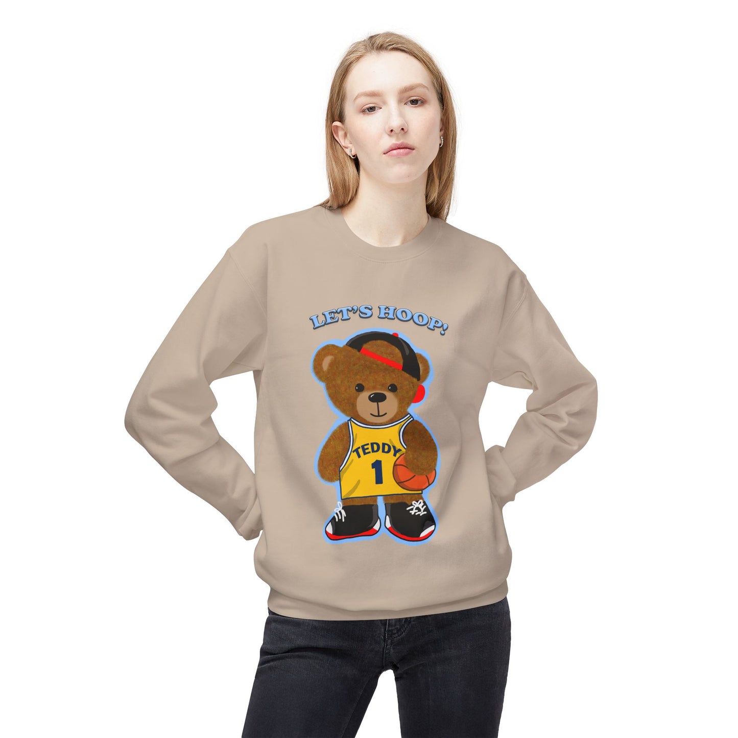 Cute Teddy Bear Basketball Crewneck Sweatshirt, Unisex Retro Fleece Top, Perfect Gift for Sports Lovers, Cozy Layering Piece, Fun Streetwear