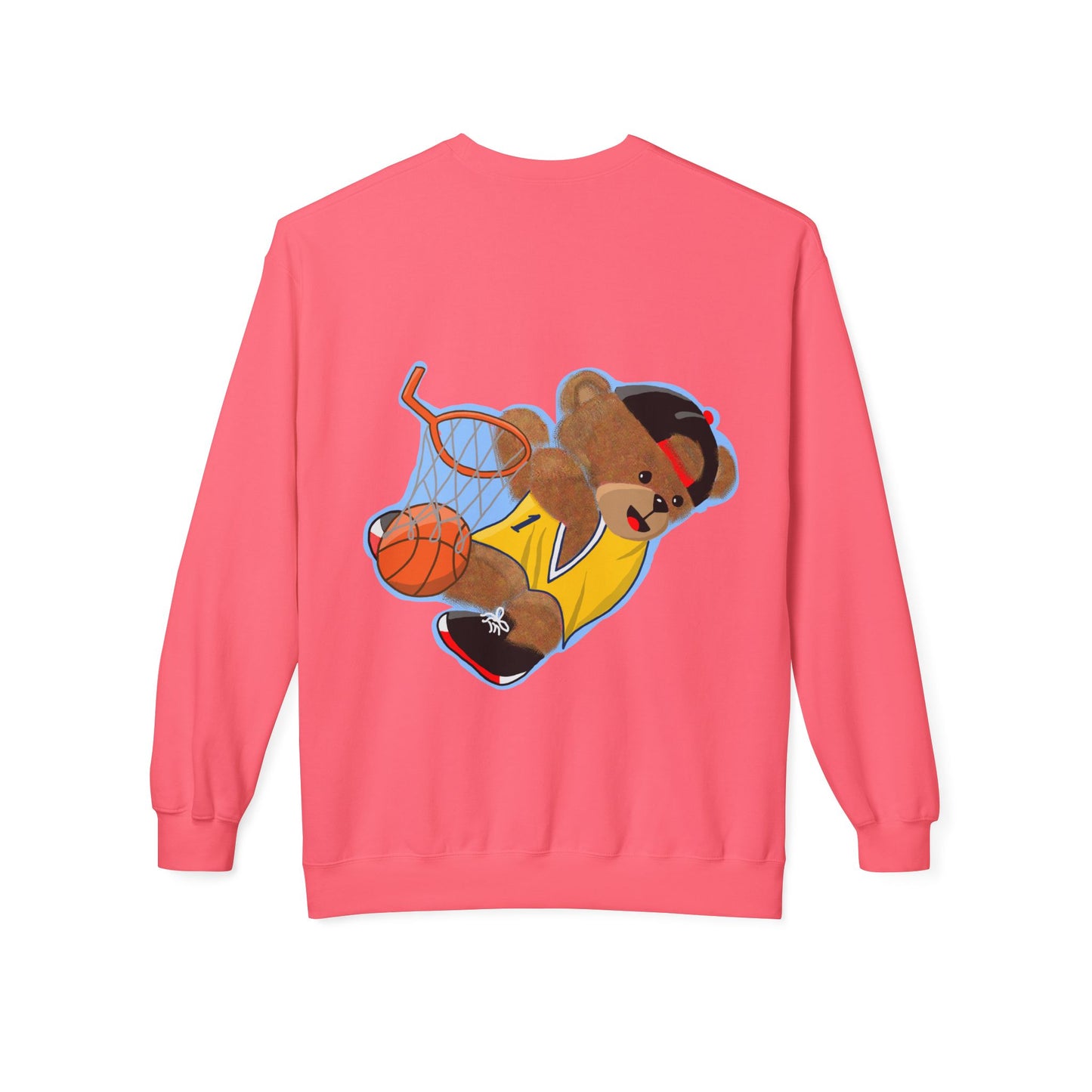 Cute Teddy Bear Basketball Crewneck Sweatshirt, Unisex Retro Fleece Top, Perfect Gift for Sports Lovers, Cozy Layering Piece, Fun Streetwear