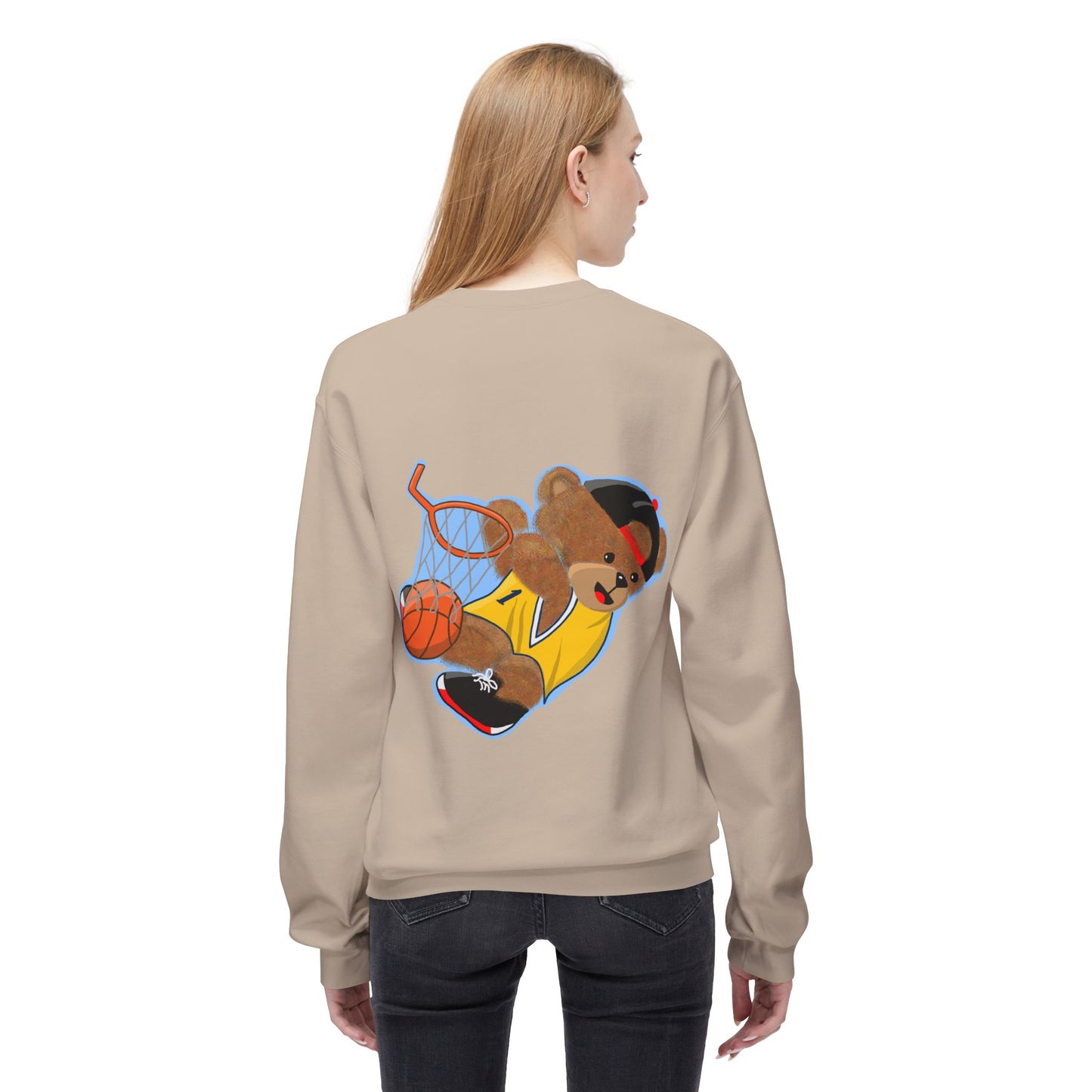 Cute Teddy Bear Basketball Crewneck Sweatshirt, Unisex Retro Fleece Top, Perfect Gift for Sports Lovers, Cozy Layering Piece, Fun Streetwear