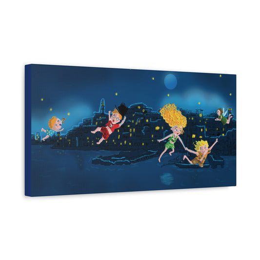 Whimsical Night Sky Canvas Art, Kids' Room Decor, Playful Wall Art, Dreamy Decor for Children, Magical Nighttime Scene