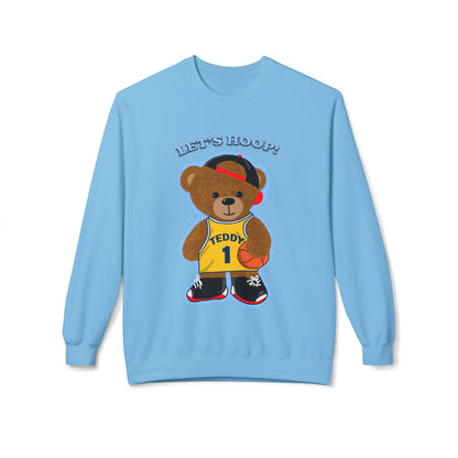 Cute Teddy Bear Basketball Crewneck Sweatshirt, Unisex Retro Fleece Top, Perfect Gift for Sports Lovers, Cozy Layering Piece, Fun Streetwear