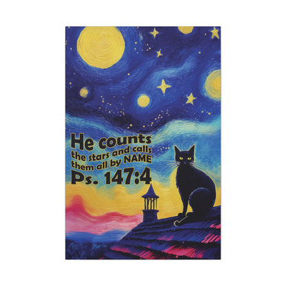 Starry Night Cat Canvas Print, Inspirational Wall Art, Cozy Home Decor, Cat Lover Gift, Psalms 147:4
