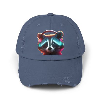 Cool Raccoon Distressed Cap | Trendy Unisex Snapback | Fun Outing Gear | Gift for Animal Lovers, Music Fans, Casual Wear