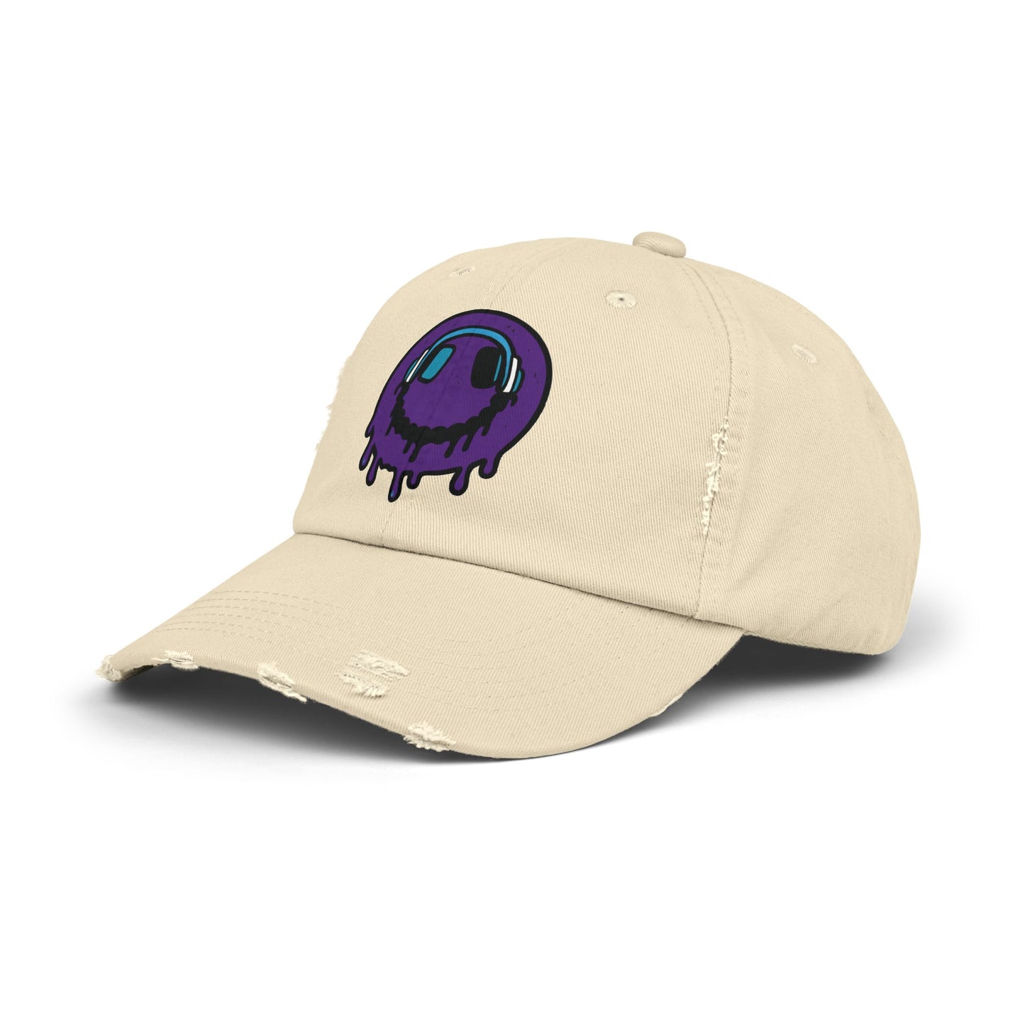 Trendy Unisex Distressed Cap with Dripping Smiley Design, Casual Fashion Hat, Streetwear Accessory, Gift for Music Lovers, Summer Essential
