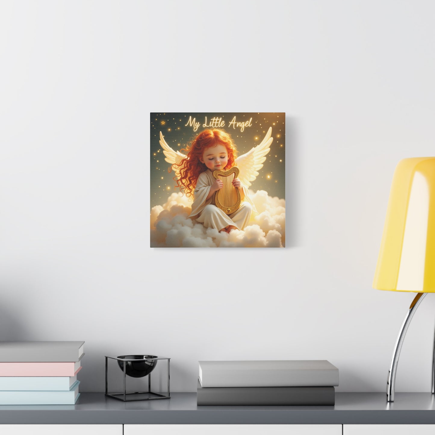 Angel Harp Canvas Art Print, Nursery Decor, Whimsical Home Accent, Gift for Baby Shower, Kids Room Wall Art, Ethereal Artwork