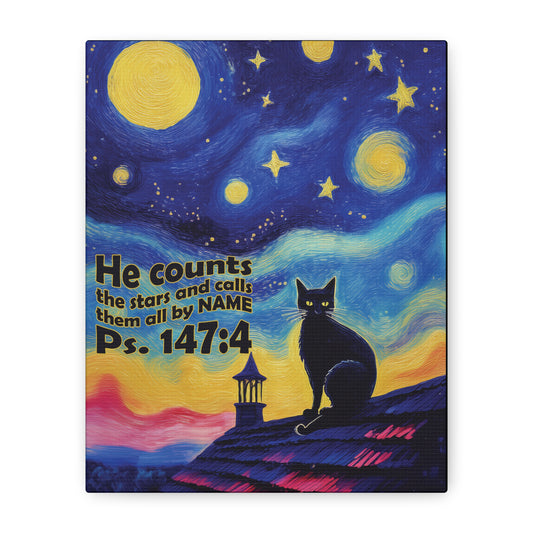 Starry Night Cat Canvas Print, Inspirational Wall Art, Cozy Home Decor, Cat Lover Gift, Psalms 147:4