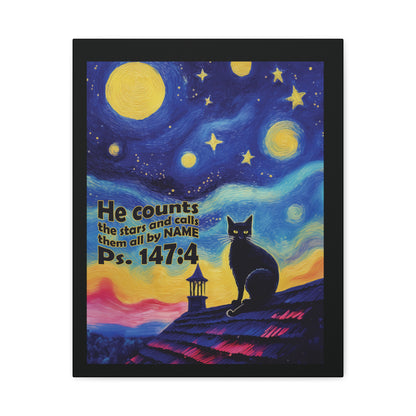 Starry Night Cat Canvas Print, Inspirational Wall Art, Cozy Home Decor, Cat Lover Gift, Psalms 147:4