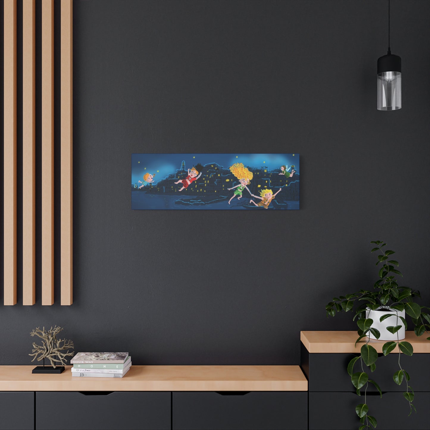 Whimsical Night Sky Canvas Art, Kids' Room Decor, Playful Wall Art, Dreamy Decor for Children, Magical Nighttime Scene