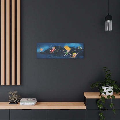 Whimsical Night Sky Canvas Art, Kids' Room Decor, Playful Wall Art, Dreamy Decor for Children, Magical Nighttime Scene
