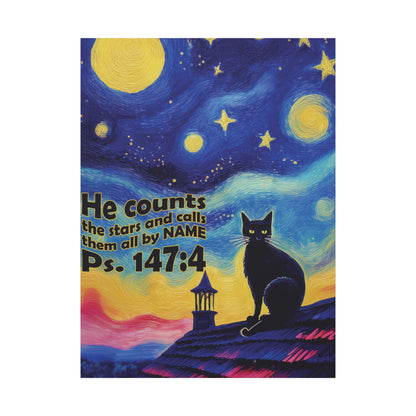 Starry Night Cat Canvas Print, Inspirational Wall Art, Cozy Home Decor, Cat Lover Gift, Psalms 147:4