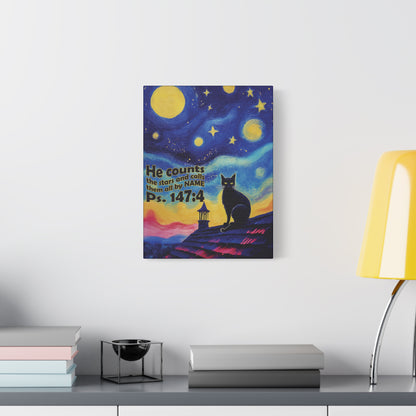 Starry Night Cat Canvas Print, Inspirational Wall Art, Cozy Home Decor, Cat Lover Gift, Psalms 147:4