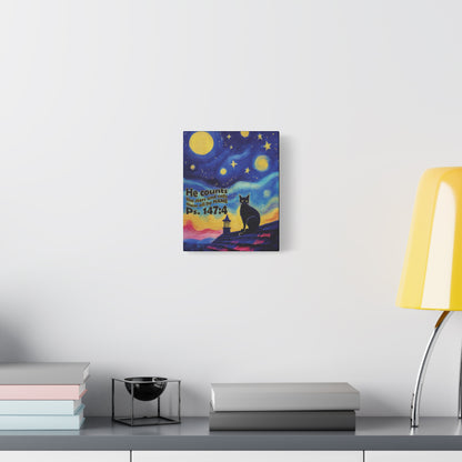 Starry Night Cat Canvas Print, Inspirational Wall Art, Cozy Home Decor, Cat Lover Gift, Psalms 147:4
