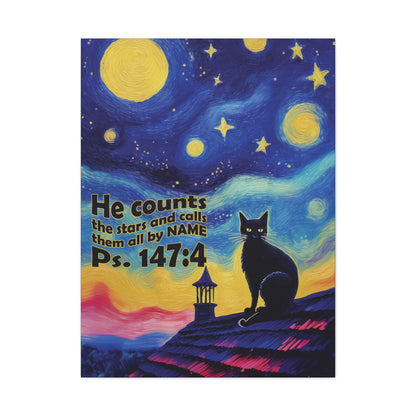 Starry Night Cat Canvas Print, Inspirational Wall Art, Cozy Home Decor, Cat Lover Gift, Psalms 147:4