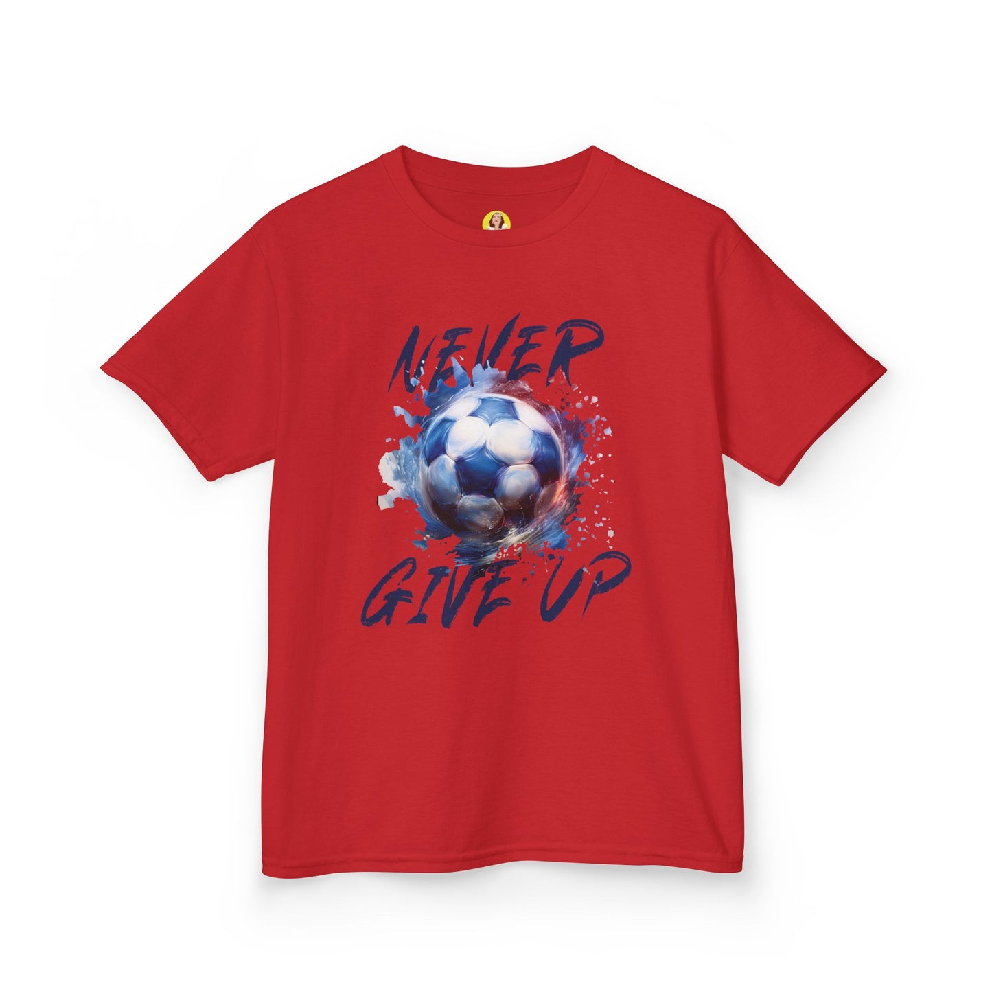 Soccer Motivation Tee - Never Give Up, Kids Heavy Cotton T-Shirt, Sports Shirt, Gift for Young Athletes, Birthday Present, Team Apparel