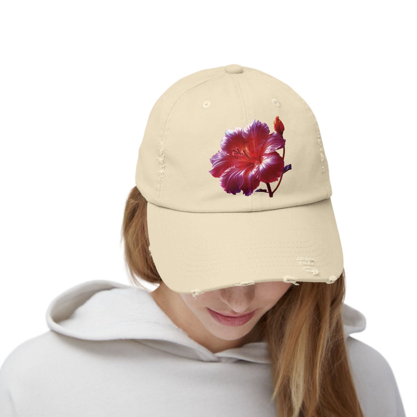 Hibiscus Flower Distressed Cap, Floral Baseball Hat, Trendy Unisex Hat, Summer Accessory, Gift for Garden Lovers, Casual Wear