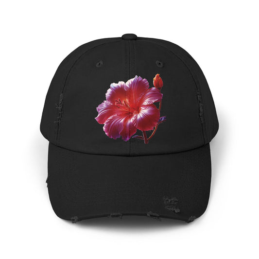 Hibiscus Flower Distressed Cap, Floral Baseball Hat, Trendy Unisex Hat, Summer Accessory, Gift for Garden Lovers, Casual Wear