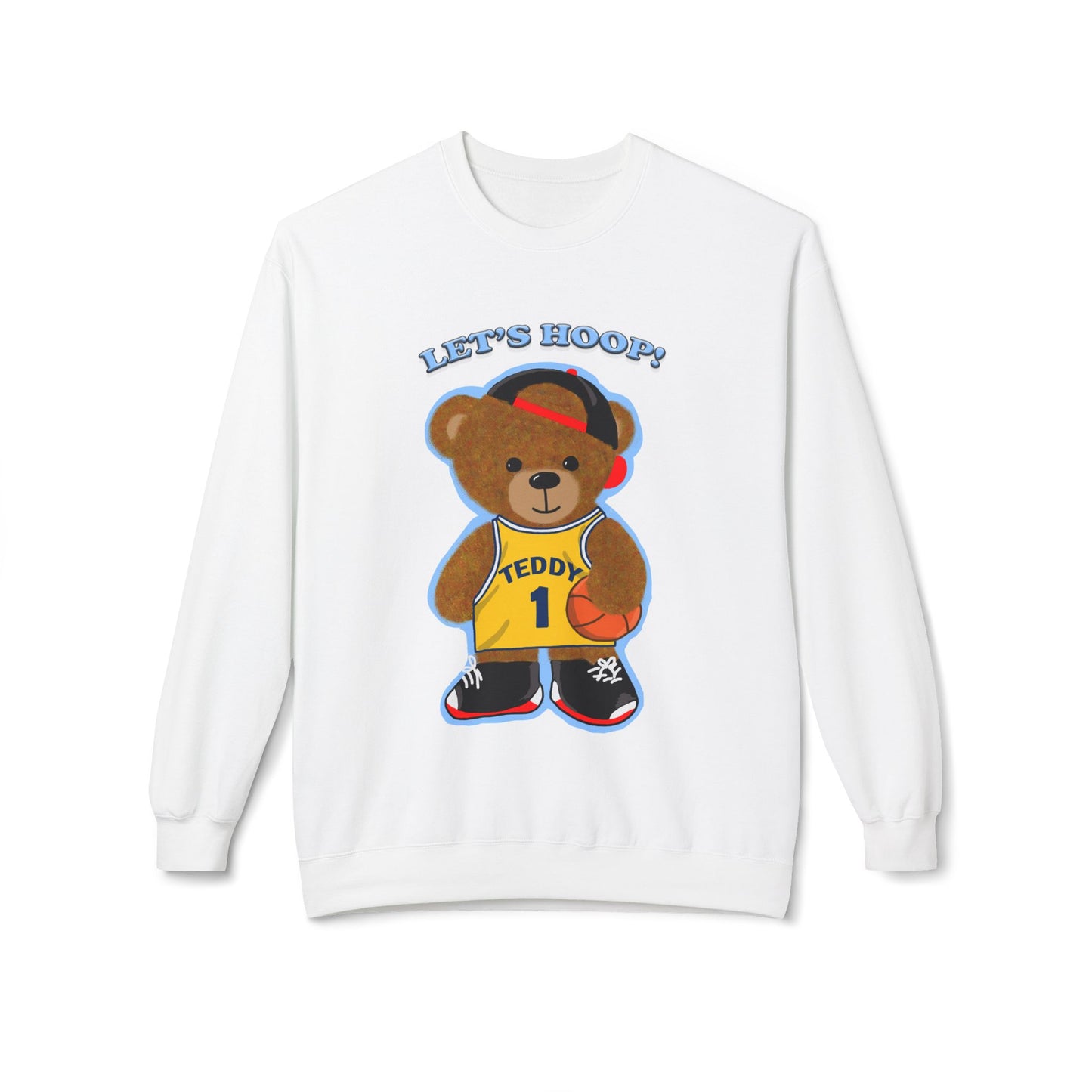 Cute Teddy Bear Basketball Crewneck Sweatshirt, Unisex Retro Fleece Top, Perfect Gift for Sports Lovers, Cozy Layering Piece, Fun Streetwear