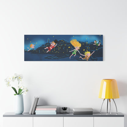 Whimsical Night Sky Canvas Art, Kids' Room Decor, Playful Wall Art, Dreamy Decor for Children, Magical Nighttime Scene