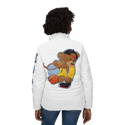 Basketball Bear Women’s Puffer Jacket, Sporty Outerwear, Trendy Winter Coat, Causal Streetwear, Athletic Gift, Note: Cute Graphic Design